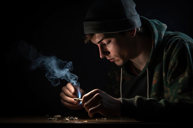 Retrato de um jovem fumando um cigarro de maconha no escuro