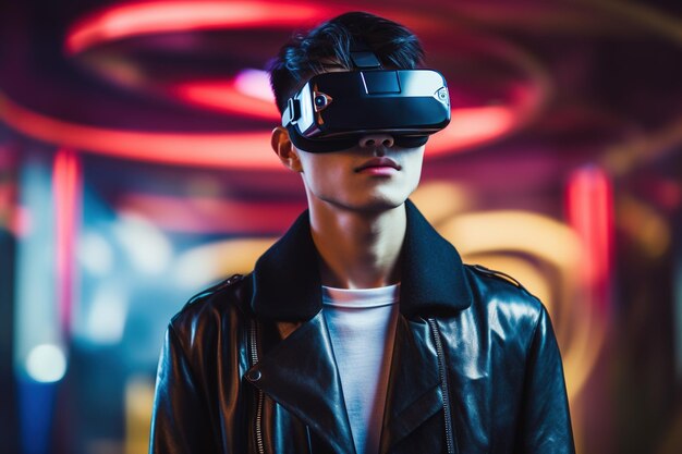 Retrato de um jovem futurista usando óculos de realidade virtual