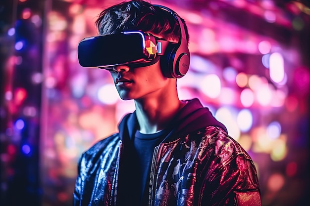 Retrato de um jovem futurista usando óculos de realidade virtual