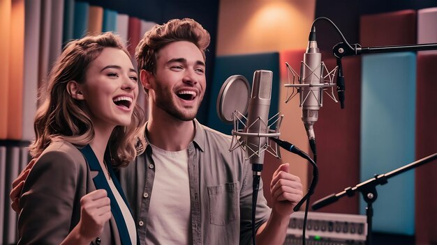 Foto retrato de um jovem homem e uma mulher atraentes cantando felizes juntos em um estúdio de gravação de som moderno