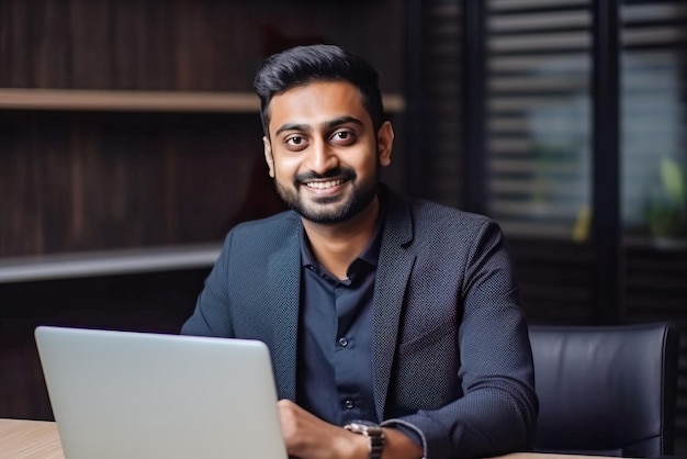 Retrato de um jovem indiano sorridente usando um computador portátil à noite