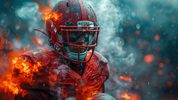 Retrato de um jovem jogador de futebol americano em capacete Profundidade de campo rasa