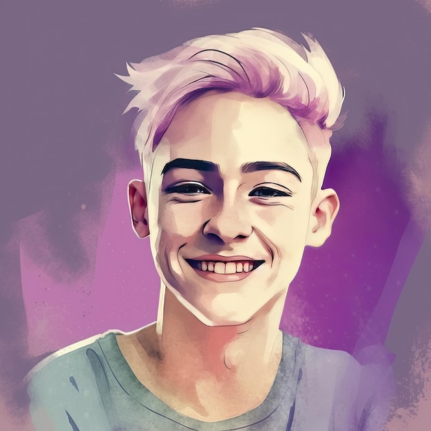 Retrato de um jovem LGBT sorridente isolado contra o fundo violette Conceito de orgulho