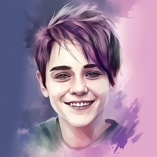 Retrato de um jovem LGBT sorridente isolado contra o fundo violette Conceito de orgulho