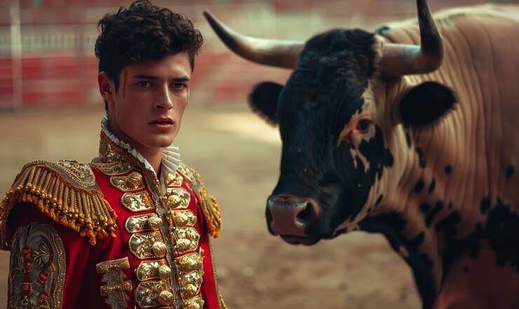 Foto retrato de um jovem matador em um terno vermelho e dourado com um touro na arena