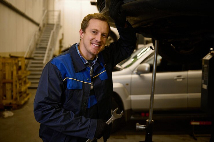 Foto retrato de um jovem mecânico de uniforme profissional, segurando uma chave inglesa e trabalhando em serviço automático com veículo levantado, sorri sorriso dentuço olhando para a câmera. reparação e manutenção automóvel.