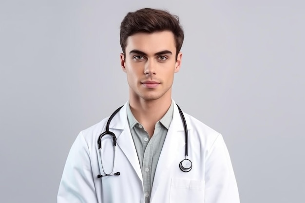 Retrato de um jovem médico bonito de jaleco branco