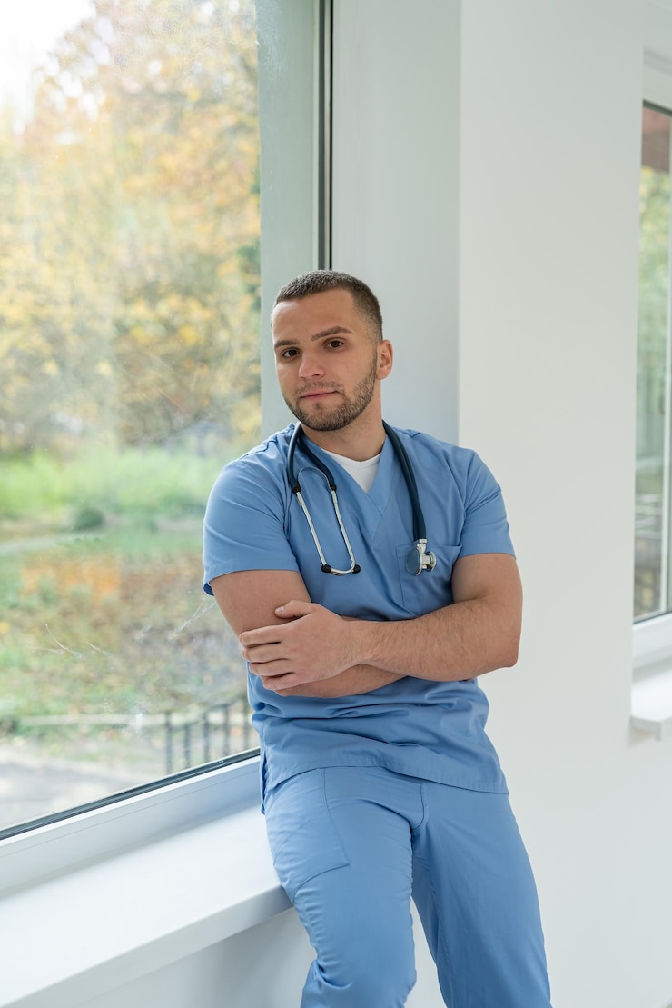 Foto retrato de um jovem médico caucasiano, de uniforme azul, no corredor do hospital