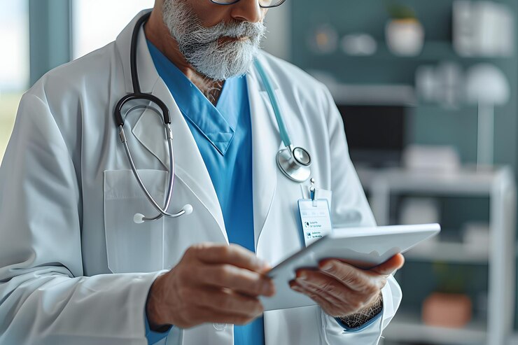 Foto retrato de um jovem médico confiante em fundo azul