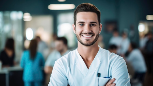 Foto retrato de um jovem médico sorridente na aula de medicina