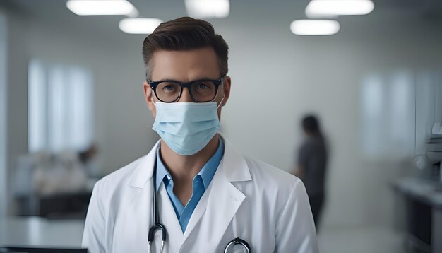 Retrato de um jovem médico usando máscara de proteção enquanto está de pé no corredor do hospital