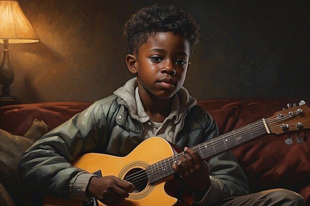 retrato de um jovem menino negro com guitarra