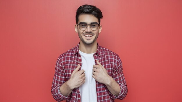 Retrato de um jovem modelo bonito, sorridente e elegante, vestido com uma camisa a quadras vermelhas