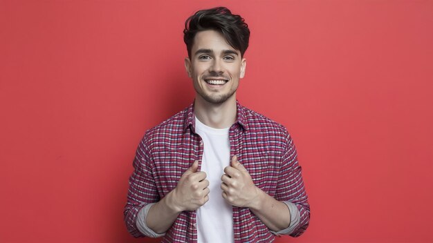 Retrato de um jovem modelo bonito, sorridente e elegante, vestido com uma camisa a quadras vermelhas