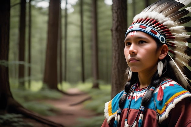 Foto retrato de um jovem nativo americano cativado pelo espírito da terra