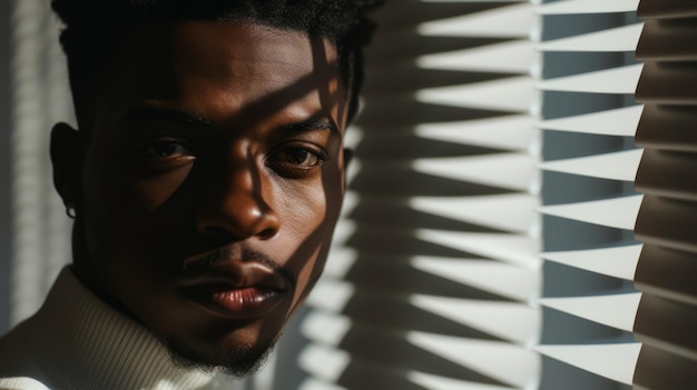 Retrato de um jovem negro africano de pé perto de uma janela com persianas e luz solar direta com alta resistência