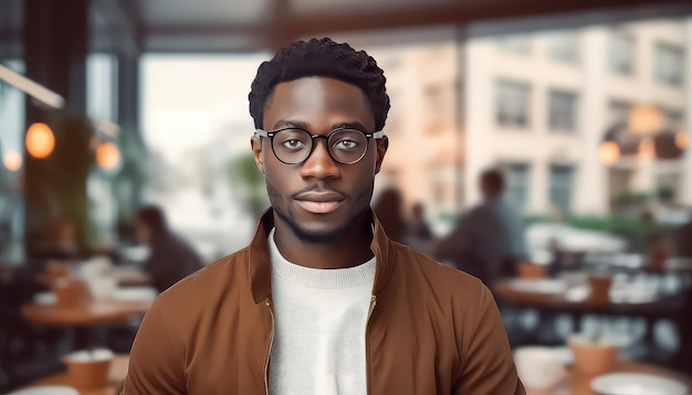 retrato de um jovem negro de óculos em um restaurante