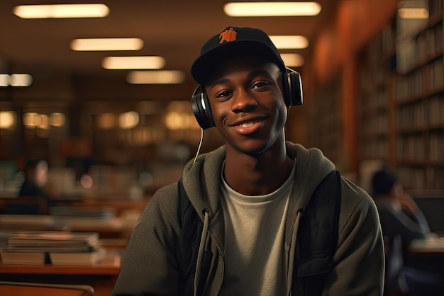 retrato de um jovem negro na biblioteca da universidade com fones de ouvido estudando o conceito