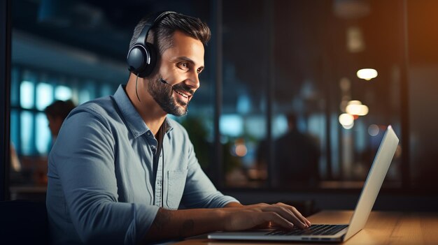 Retrato de um jovem operador de call center caucasiano fazendo seu trabalho com um fone de ouvido