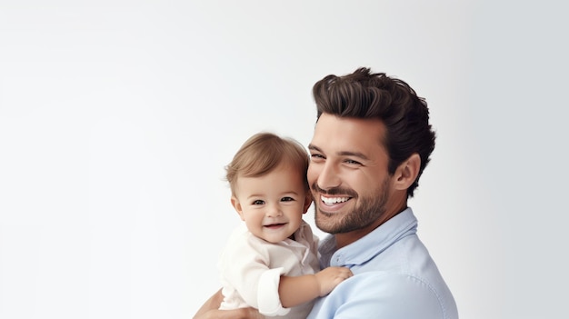 Retrato de um jovem pai feliz com seu bebê em um fundo branco