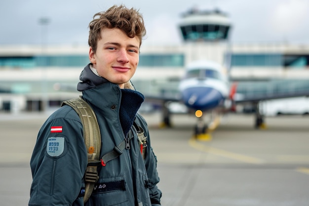 Retrato de um jovem piloto caucasiano de pé na frente de um avião no aeroporto