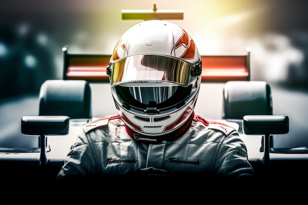 Foto retrato de um jovem piloto de corrida de capacete vermelho dirigindo um carro de corrida