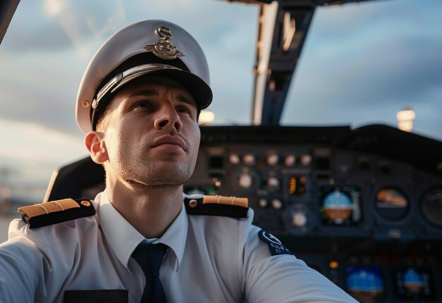 Retrato de um jovem piloto de uniforme e óculos de sol