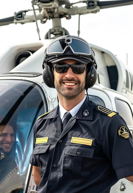 Retrato de um jovem piloto de uniforme e óculos de sol