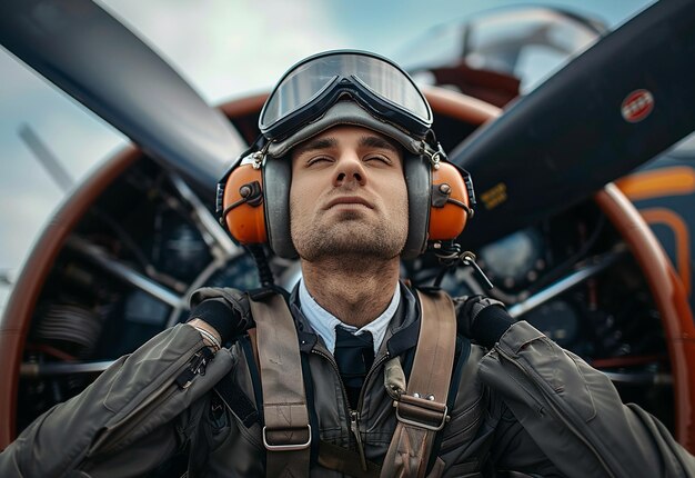 Foto retrato de um jovem piloto de uniforme e óculos de sol