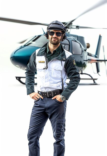 Foto retrato de um jovem piloto de uniforme e óculos de sol