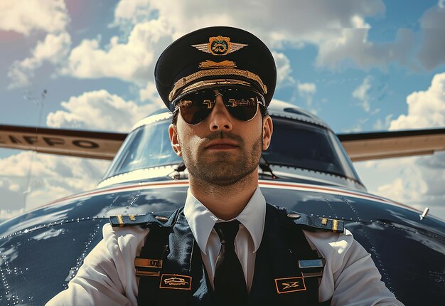 Retrato de um jovem piloto de uniforme e óculos de sol