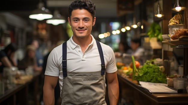 Retrato de um jovem proprietário de café ou restaurante com um tablet