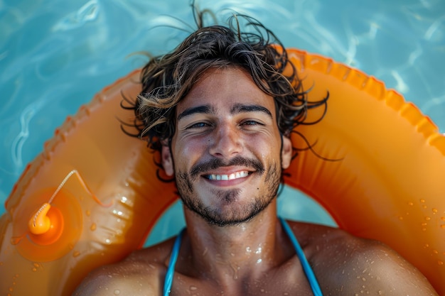 Retrato de um jovem relaxando com um anel de piscina de borracha nas férias de verão