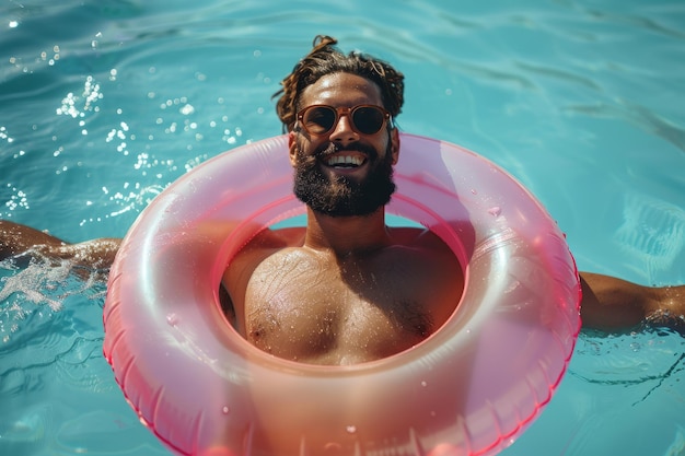 Retrato de um jovem relaxando com um anel de piscina de borracha nas férias de verão