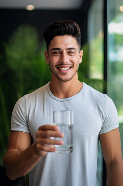 Foto retrato de um jovem saudável oferecendo água indoor