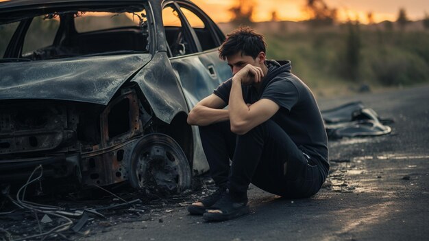 Foto retrato de um jovem sentado na estrada com um carro quebrado