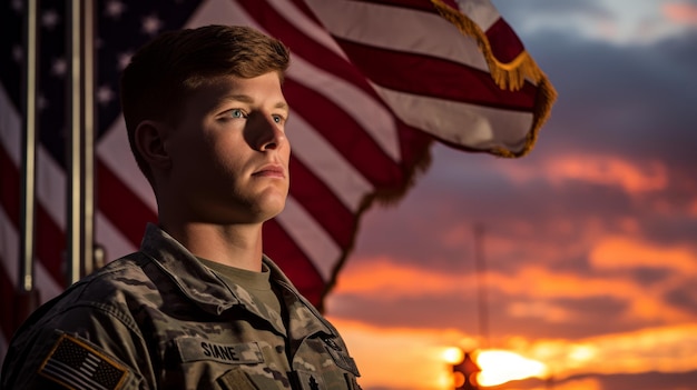 Retrato de um jovem soldado de pé em frente à bandeira americana