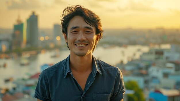 Retrato de um jovem sorridente caminhando na rua ao pôr do sol