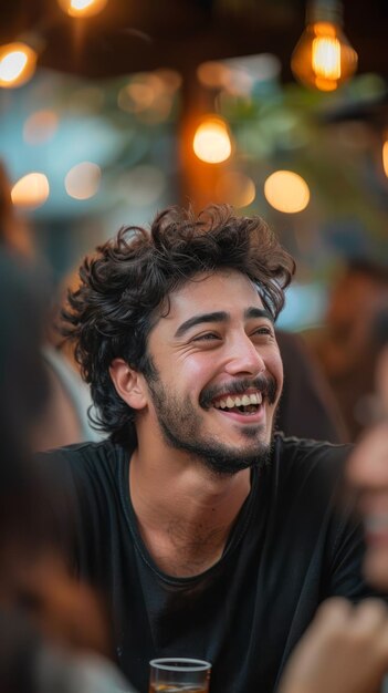 Retrato de um jovem sorridente com cabelos encaracolados e barba