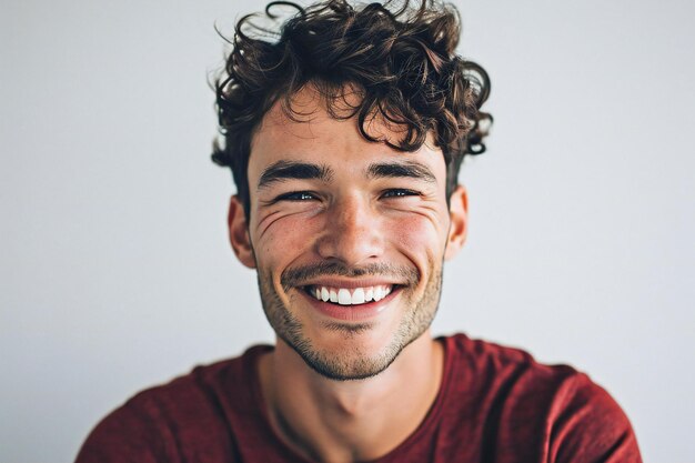 Foto retrato de um jovem sorridente com cabelos encaracolados em fundo branco