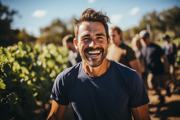 Retrato de um jovem sorridente com uma camiseta na rua