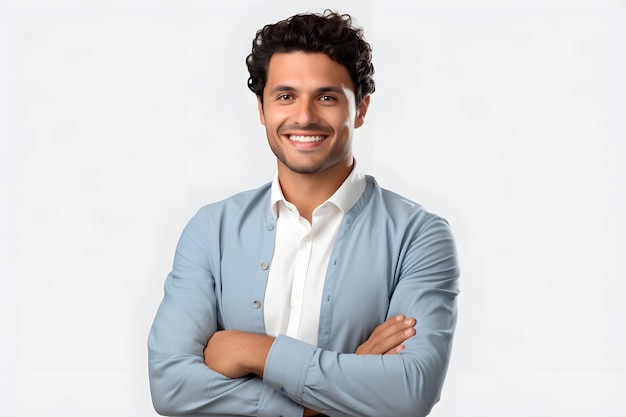 Retrato de um jovem sorridente e bonito com os braços cruzados isolado Alegre alegre empresário casual