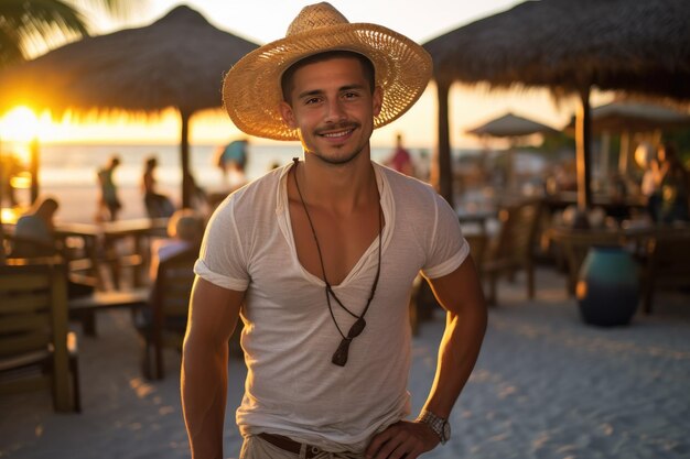 Retrato de um jovem sorridente em um bar de praia tropical durante o pôr-do-sol adequado para o estilo de vida e tra