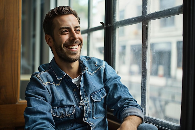 Retrato de um jovem sorridente sentado à janela em casa