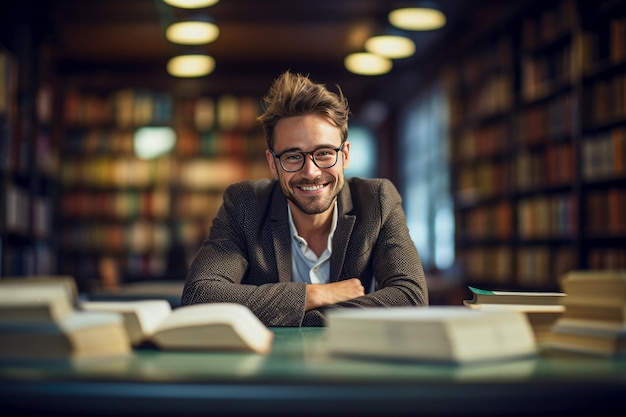 Retrato de um jovem sorridente sentado à mesa na biblioteca