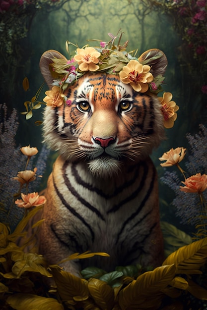 Retrato de um jovem tigre bonito com flores na cabeça sentado no meio da selva Generative ai