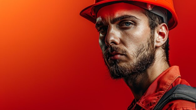 Foto retrato de um jovem trabalhador da construção masculino usando um capacete e olhando para a câmera com uma expressão de confiança