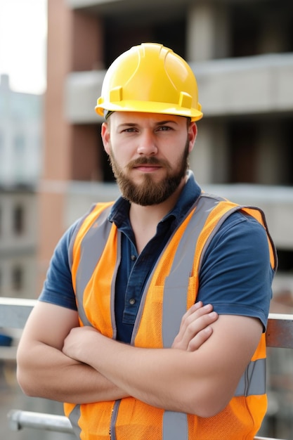 Retrato de um jovem trabalhador da construção no local criado com IA generativa