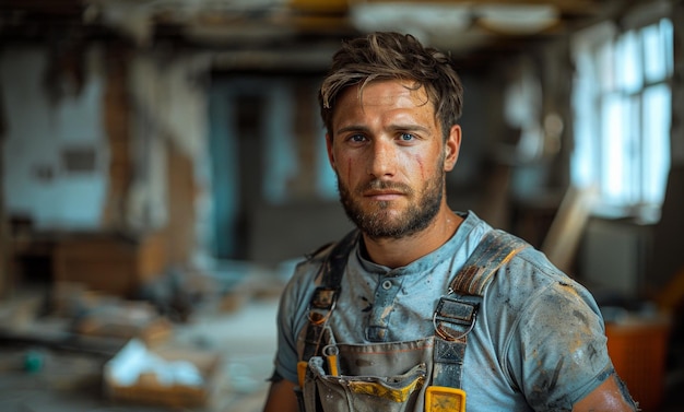 Retrato de um jovem trabalhando no canteiro de obras