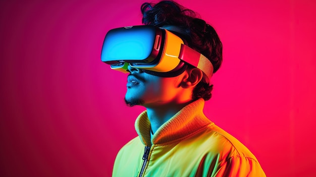 Retrato de um jovem usando óculos de realidade virtual contra um fundo colorido